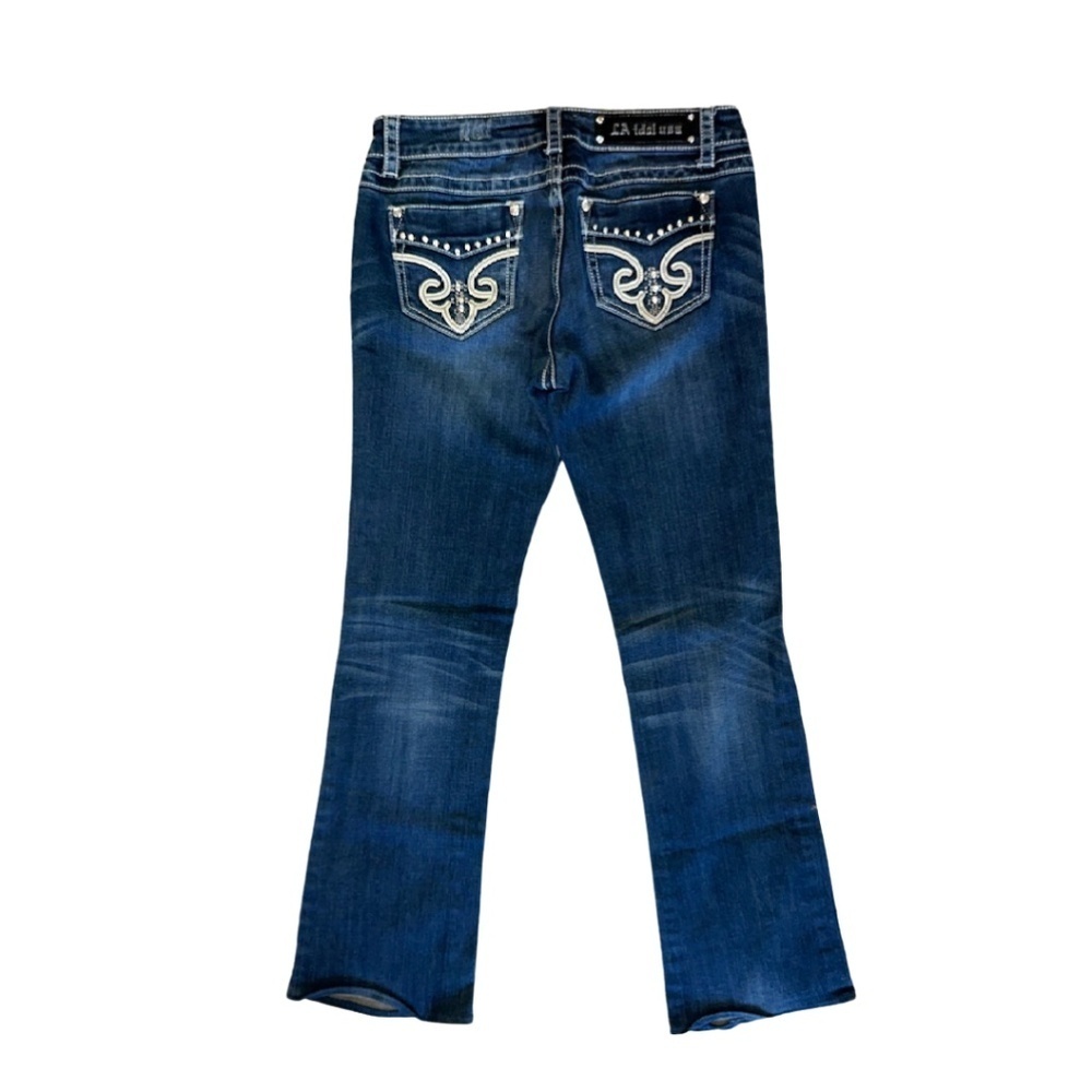 LA Idol Women's Jeans Ultra Low Rise Size 7 30x29 Dark Blue Jewel Pocket Bootcut